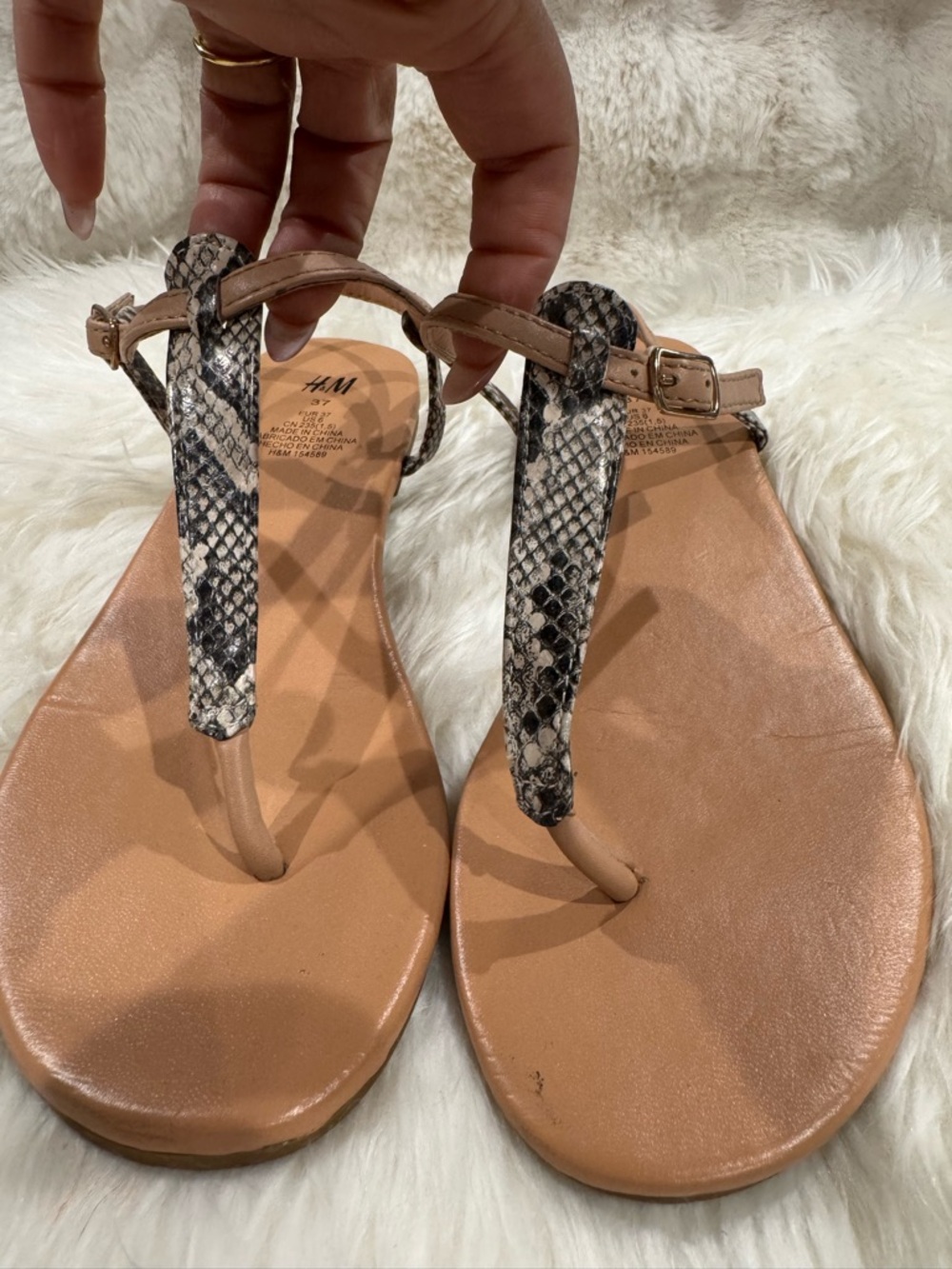 H&M Tan Sandals with Black-and-White Snake Print Straps
